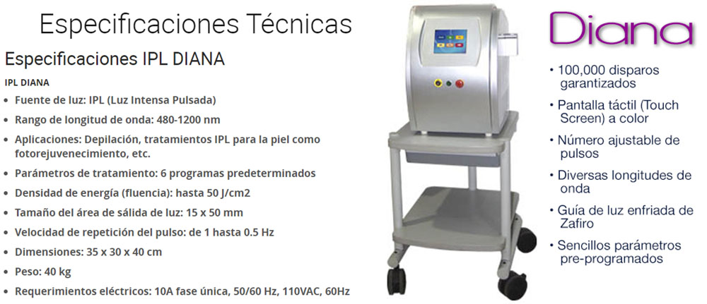 especificaciones tecnicas equipo médico IPL Diana